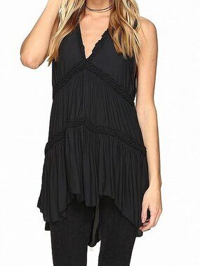 FREE PEOPLE Boho Braided Trim Tunic Top Mini Dress Plunge V-neck Black M
